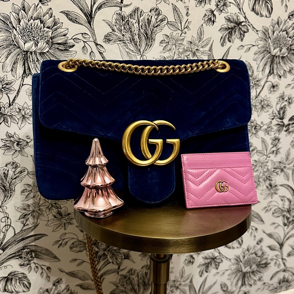 Gucci Navy Velvet Shoulder Bag with Gold Accents